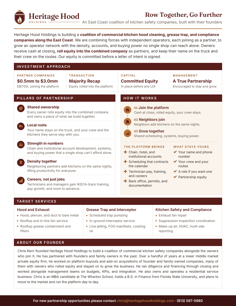 Preview of the one-page Heritage Hood Holdings fact sheet